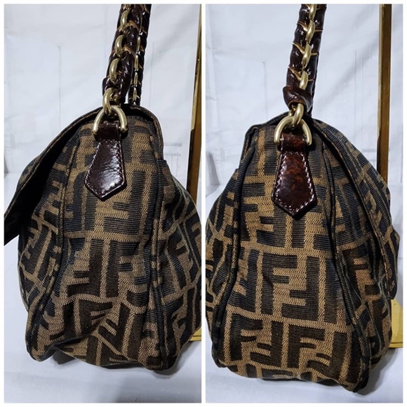 Authentic Fendi Tobacco Zucca Canvas Mia Flap Shoulder Bag Brown - Picture 11 of 16